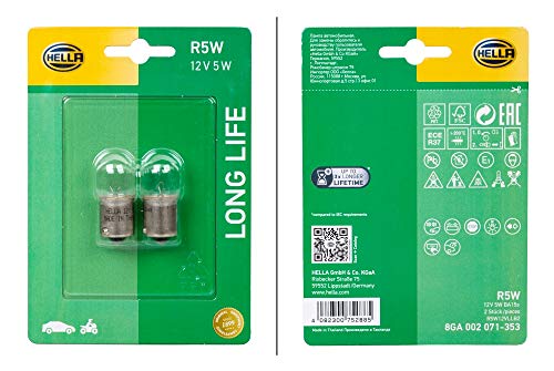 Hella 8Ga 002 071-353 Lampadina, R5W, Long Life Up To 3X Longer Lifetime, 12V, 5W, Tipo Zoccolo Ba15S, Blister, Quantità 2