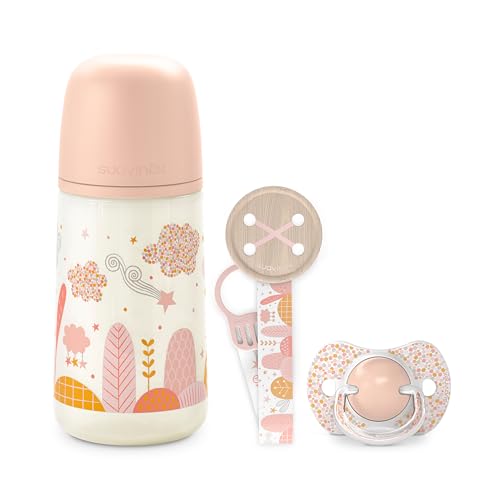 Suavinex Set Regalo Neonato, Regalo Bimbo Con Biberon 270 Ml Flusso Medio, M, Ciuccio 0/6 Mesi E Catenella Porta Ciuccio In Tessuto, Per Bambini 0/6 M
