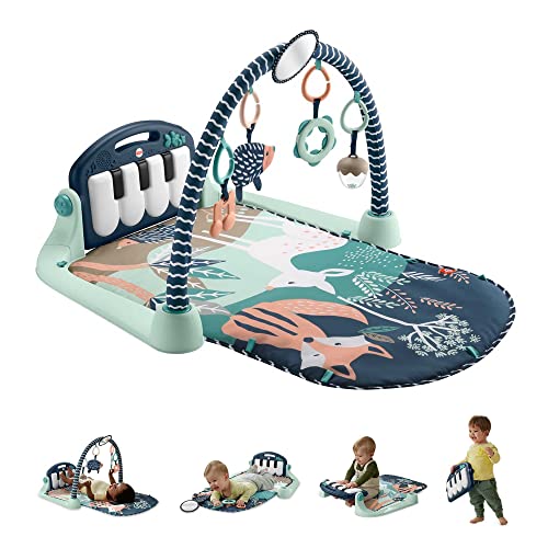 Fisher-Price - Palestrina Baby Piano 4 In 1, Tappetino Con Pianoforte Musicale E Giocattoli Per Il Gioco Distesi Sul Pancino, Cerbiatto Blu [Esclusiva