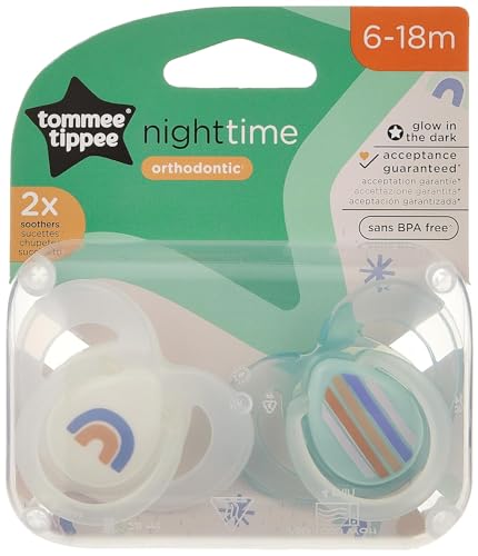 Tommee Tippee Night Time Glow In The Dark Soothers, Symmetrical Orthodontic Design, Bpa-Free Silicone, 6-18 Months, Pack Of 2 Dummies, Assorted