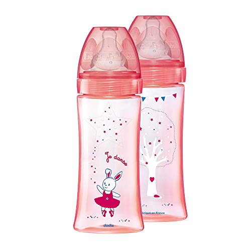 Dodie 3700763537061 Set Di 2 Biberon Anticoliche Per Iniziativa, Rosa Ballerina, 330 Ml, +6 Mesi, Tettarella Rotonda, Portata 3