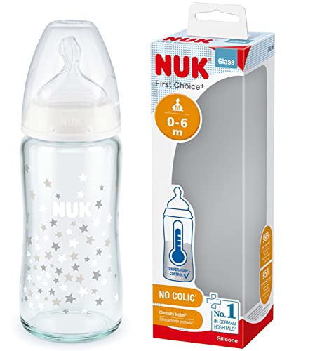 Nuk First Choice+ Biberon In Vetro | 0-6 Mesi | Controllo Temperatura | Tettarella In Silicone | Valvola Anti-Coliche | Senza Bpa | 240 Ml