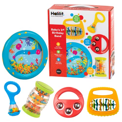 Halilit Baby'S First Birthday Band Musical Instrument Gift Set. Includes Ocean Drum, Baby Maraca, Ring My Bell, Rainboshaker & Clip Clap. Music Sensor