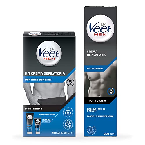 Veet Men Kit Crema Depilatoria Per Uomo Per Parti Intime 100Ml + Pelli Sensibili, 200 Ml, Azione Rapida