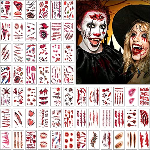 Hjruiua 200+ Pcs Modelli Tatuaggi Temporanei Cicatrici Halloween, Zombie Tatuaggi, Temporaneo Impermeabile Horror Realistico, Trucco Del Sangue (30 Fo