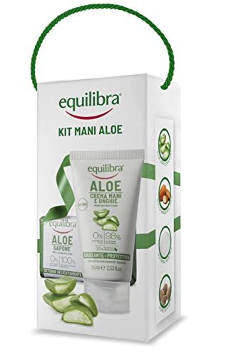 Equilibra Corpo, Kit Mani Aloe, Aloe Crema Mani E Unghie Idratante E Protettiva, Aloe Sapone 100% Vegetale Detersione Delicata, Confezione Regalo