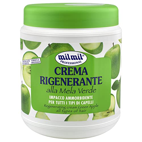 Milmil Crema Rigenerante Per Capelli, Maschera Capelli Professionale, Fragranza Mela Verde, Impacco Ammorbidente Per Tutti I Tipi Di Capelli - 1000 Ml