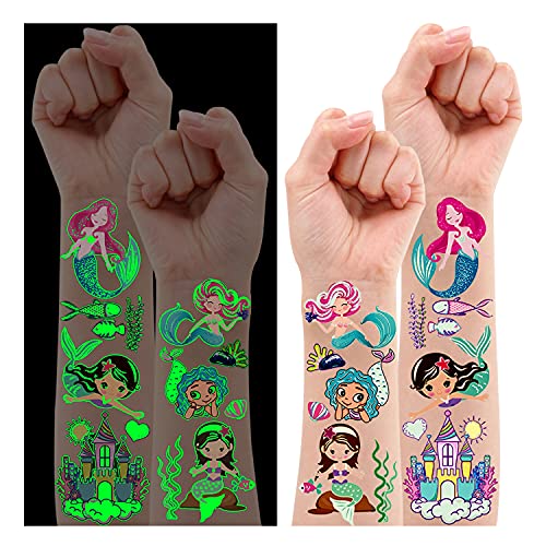 Leesgel Tatuaggi Bambina Sirena, 10 Fogli Luminoso Tatuaggi Temporanei Bambini Stickers Bambini Con Sirena, Regalo Giocattoli Bambina Pignatta Festa G