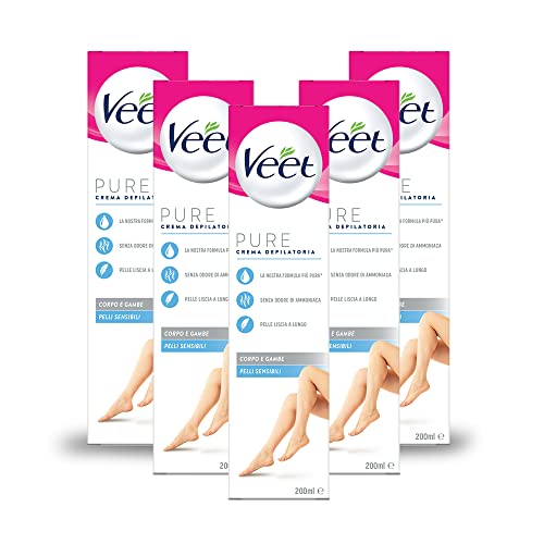 Veet Crema Depilatoria Pelli Sensibili, Per Gambe, Braccia, Ascelle E Zona Bikini, 5 Confezioni Da 200 Ml