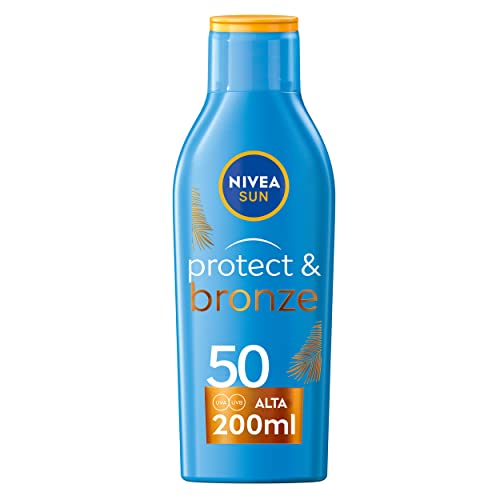 Nivea Sun Latte Solare Protect & Bronze Fp 50 200 Ml, Crema Solare 50 Per Un'Abbronzatura Dorata, Intensa E Uniforme, Protezione Solare 50 Con Attivat