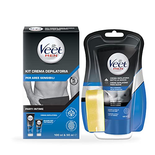 Veet Men Kit Crema Depilatoria Per Parti Intime 100Ml + Veet Men Crema Depilatoria Uomo Sotto La Doccia, Pelli Sensibili 150 Ml, Azione Rapida