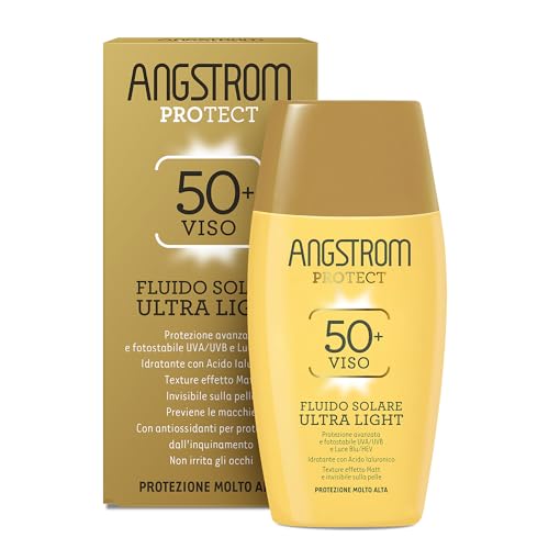 Angstrom Protect, Protezione Viso, Fluido Solare Ultra Light, Spf 50+|Protezione Fotostabile Uva/Uvb E Luce Blu/Hev, Con Acido Ialuronico, 40 Ml