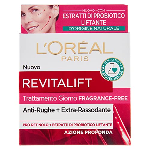 L'Oréal Paris Crema Viso Giorno Fragrance-Free Revitalift, Formula Clean Senza Profumo, Azione Antirughe Anti-Età Con Probiotico Liftante, 50 Ml
