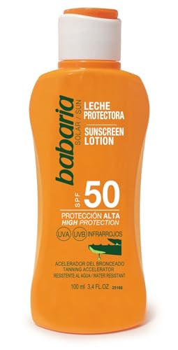 Babaria - Latte Solare Spf50+ Uva-Uvb E Infrarossi, Acceleratore Abbronzante, Contiene Aloe Vera, Resistente All'Acqua, Vegano, Unisex - 100 Ml