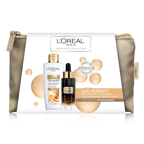 L'Oréal Paris Pochette Regalo Age Perfect Renaissance Cellulaire Con Siero Viso Midnight E Latte Detergente, Trattamento Rivitalizzante E Anti-Età, 30