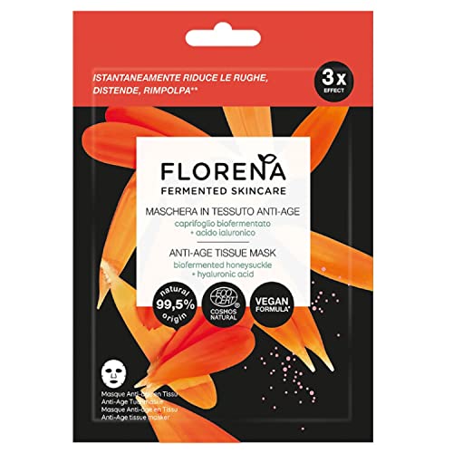 Florena Fermented Skincare Maschera Viso In Tessuto Anti-Age, Maschera Viso Tessuto Con Caprifoglio Biofermentato E Acido Ialuronico, Maschera Viso An