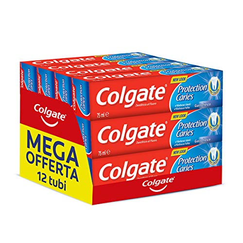 Dentifricio Colgate Protezione Carie Con Calcio E Fluoro Attivo 12 Confezioni Da 75 Ml Rinforza I Denti, Rinfresca L'Alito Con Il Gusto Fresco Della M