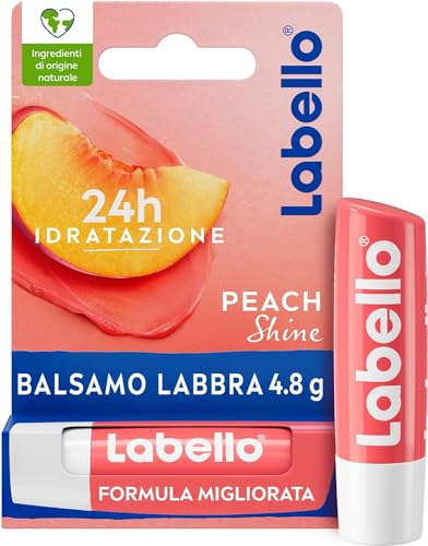 Labello Peach Shine Burrocacao Labbra 4.8 G, Balsamo Labbra Colorato All'Aroma Di Pesca, Lip Balm Idratante 24H Con Burro Di Karité E Ingredienti Natu