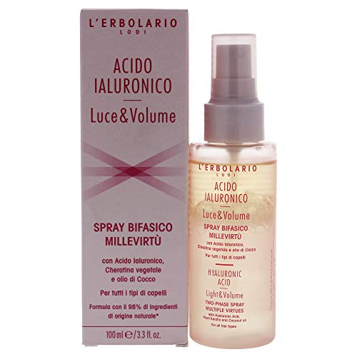 L'Erbolario Spray Bifasico Per Capelli Millevirtù Acido Ialuronico Luce E Volume, Trattamento Multiuso Con Cheratina Vegetale E Olio Di Cocco, 100 Ml