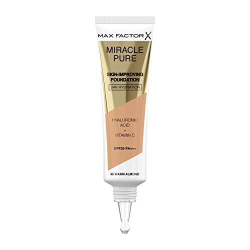 Max Factor Miracle Pure Fondotinta Liquido Idratante, Con L' 89% Di Ingredienti Di Origine Naturale, Vitamina C, Acido Ialuronico E Spf 30, 45 Warm Al