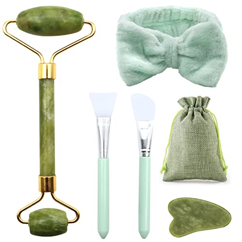 Spokki 5 Pezzi Gua Sha Kit, Rullo Di Giada Per Il Viso, Rullo Massaggio Viso, Pietra Di Giada Viso, Guasha Viso Pietra Giada, Massaggiatore Viso Set,