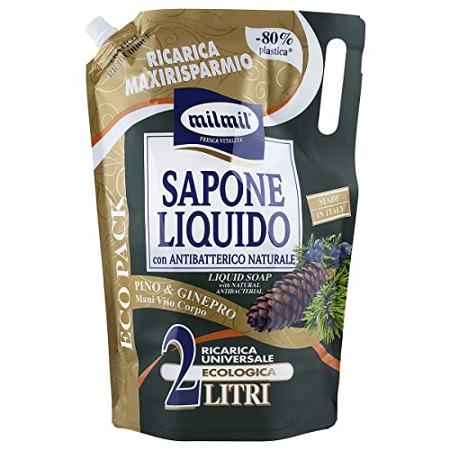 Milmil Sapone Liquido, Fragranza Pino & Ginepro, Ricarica Universale Maxirisparmio, Dermatologicamente Testato Con Antibatterico Naturale - 2000 Ml