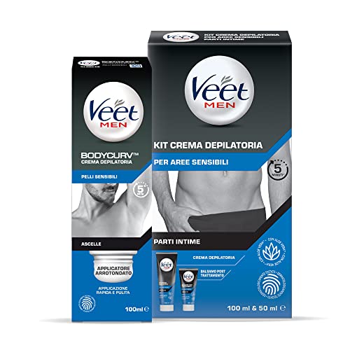 Veet For Men Kit, Veet Men Crema Depilatoria Ascelle, Pelli Sensibili, Con Applicatore Arrotondato, 100 Ml E Veet Men Kit Depilazione Intima Per Pelli