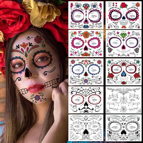 10 Fogli Halloween Tatuaggi Temporanei, Halloween Tatuaggi Viso, Cranio Floreale Nero Scheletro Web, Viso Temporaneo Tattoos Adesivi, Scheletro Rose V