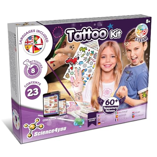 Science4You Fabbrica Di Tatuaggi Temporanei Per Bambini - Kit Tatuaggi Per Bambina E Bambino Con 60+ Tatuaggi E 8 Attività, Lavoretti Creativi E Educa