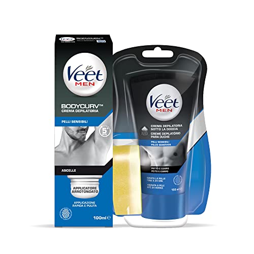 Veet For Men Kit,Crema Depilatoria Ascelle, Pelli Sensibili, Con Applicatore Arrotondato, 100 Ml E Crema Depilatoria Per Uomo Sotto La Doccia Pelli Se