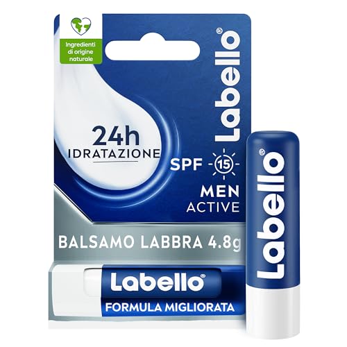 Labello Active For Men 4.8 G, Burrocacao Labbra Spf15, Balsamo Labbra Idratante Con Burro Di Karité E Oli Naturali, Burrocacao Protezione Solare Fonde