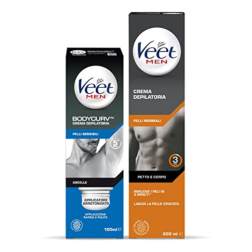 Veet For Men Kit, Veet For Men Crema Depilatoria Ascelle, Pelli Sensibili, Con Applicatore Arrotondato, 100 Ml E Veet For Men Crema Depilatoria Per Uo