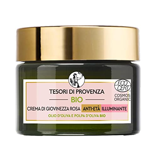 Tesori Di Provenza Crema Viso Rosa Bio, Anti-Età E Illuminante, Per Rughe Levigate E Pelle Più Morbida, Con Olio D'Oliva Bio Della Provenza, 50 Ml