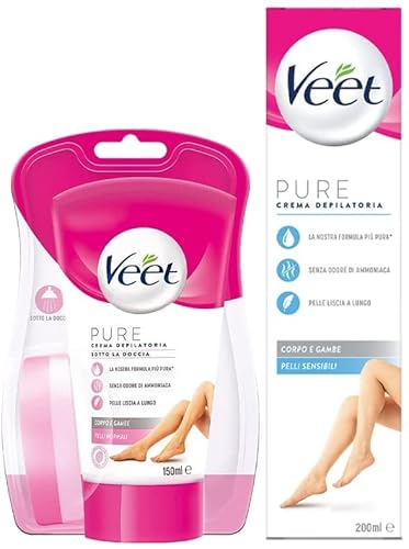 Veet Depilazione Corpo E Gambe, Crema Depilatoria Sotto La Doccia Da 150Ml E Crema Depilatoria Per Pelli Sensibili Da 200Ml, 2 Confezioni Di Crema Dep