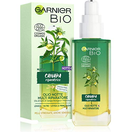 Garnier Olio Viso Notte Bio, Olio Notte Multi Riparatore Con Olio Di Semi Di Canapa Biologico E Vitamina E, Per Pelli Stressate, Anche Sensibili E Pri