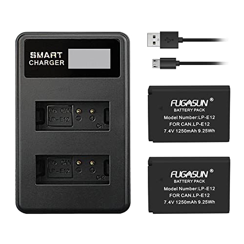 Fugasun 2 Pz 1250 Mah Lp-E12 Lpe12 Batteria Con Caricabatterie Lcd Per Eos M10,Eos M50,Eos M50 Mark Ii,Eos M100,Eos M200,Eos M,Eos M2,Kiss M,Kiss M2