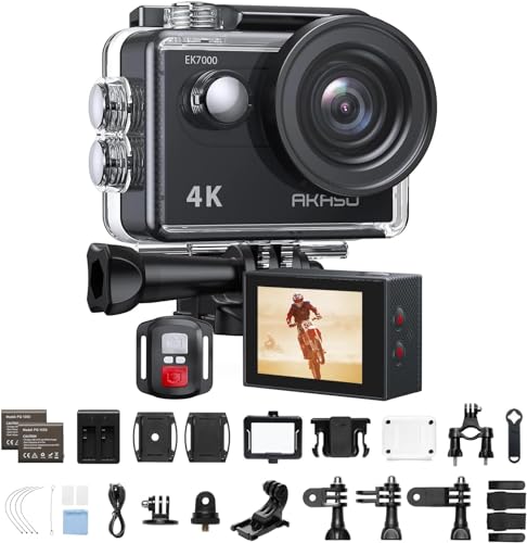Akaso Ek7000 Action Cam 4K, Fotocamera Subacquea Wifi 20Mp, Impermeabile 30M, Microfono Esterno Compatibile, Telecomando, 2 Batterie 1050 Mah, Accesor