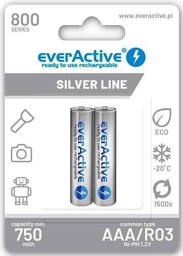 Everactive Batteria Aaa 800 Mah, 2 Pezzi, Ni-Mh, Micro R03, Batterie Ricaricabili, Precaricate, Silver Line 1,2 V, 1 Blister