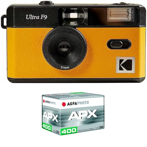 Kodak Pack F9 Argento + Pellicola 400 Asa – Fotocamera Ricaricabile 35 Mm Giallo, Obiettivo Grandangolare Fisso, Mirino Ottico, Flash Integrato + Pell