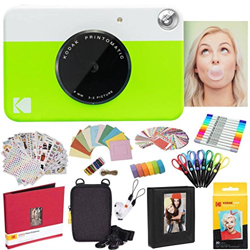 Kodak Printomatic Fotocamera Istantanea (Verde) Pacchetto All-Inclusive + Carta Fotografica Zink (20 Fogli) E Molto Altro