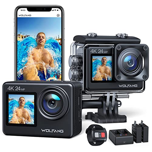 Wolfang Dual Color Screen Action Cam Ga200 4K 24Mp Wifi Fotocamera 40M Impermeabile Subacquea Videocamera Casco Anti-Shock Con Telecomando 2.4G, Caric