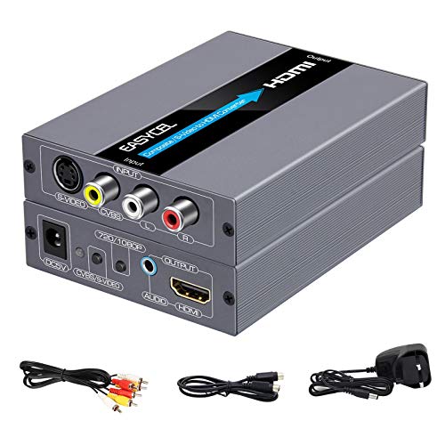 Easycel Convertitore Da Rca Svideo A Hdmi Con Cavi, Composito Av A Hdmi, Ingresso Rca S-Video Uscita Hdmi Con 3.5Mm Jack Audio(Alluminio)