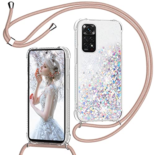 Cover Glitter Per Xiaomi Redmi Note 11 4G/Note 11S 6.43'' Con Cordino, Custodia Brillantini Liquido Con Collana Ultra Sottile Silicone Trasparente Pro
