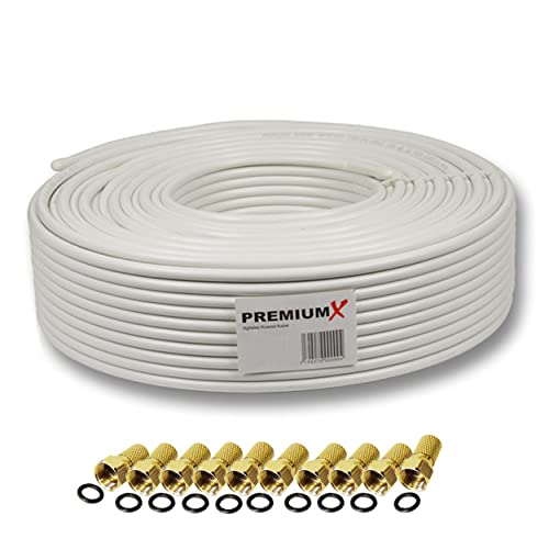 Cavo Coassiale Premiumx Profi Pro 135 Db Schermato A 5 Vie, Rame Puro 25 Metri Cavo Antenna Sat 25M 135Db + 10X F-Plug 8,00Mm A Colori "Gold" Gratuito