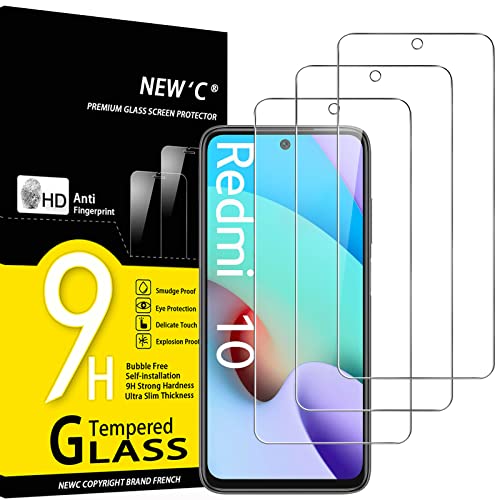 New'C 3 Pezzi, Vetro Temperato Per Xiaomi Redmi 10 (6.5"), Pellicola Prottetiva Anti Graffio, Anti-Impronte, Senza Bolle, Durezza 9H, 0,33Mm Ultra Tra