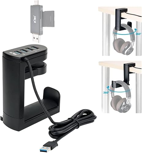 2In1 Headphone Stand Under Desk Headset Holder, Headphones Hook Hanger Mount For Desk, Pc Gaming Accessories With 4 Ports Usb Hub Organizer - Black