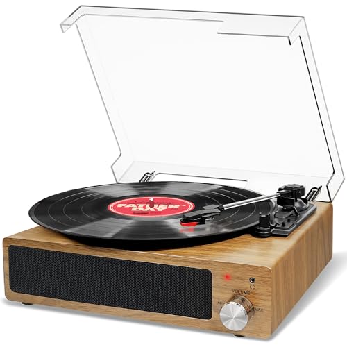 Giradischi Vinile, Fydee Giradischi Bluetooth Vintage Con 3 Velocità 33/45/78 Rpm E 2 Altoparlanti Incorporati, Lettore Vinile Portatile Supporta Jack