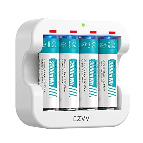 Czvv Batterie Ricaricabili Aa Lithium 1,5V - Alta Capacità 3500Mwh Pile 4 Pezzi Con Caricatore 4 Slot Intelligente Caricabatterie Ricarica Rapida 2H,