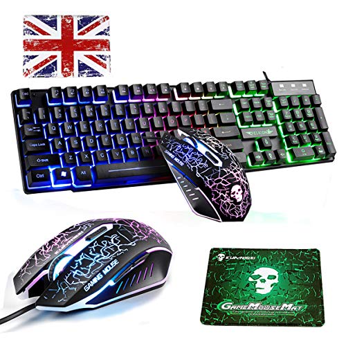 Uk Layout Tastiera E Mouse Con Filo Set T6 Arcobaleno Retroilluminato Usb Ergonomico Multimedia Gaming Keyboard + Dpi 6 Tasti Arcobaleno Led Usb Gamin