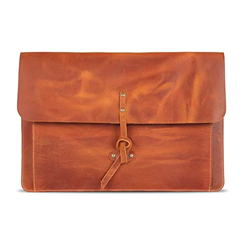 Londo - Custodia Per Macbook Pro In Vera Pelle A Grana Con Tasca Frontale E Chiusura Con Patta (Cammello, 15-16 Pollici)